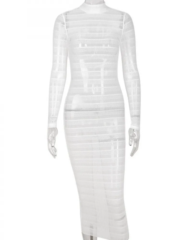 Hirigin Backless Mesh See Through Abito longuette Donna Manica lunga Slim P