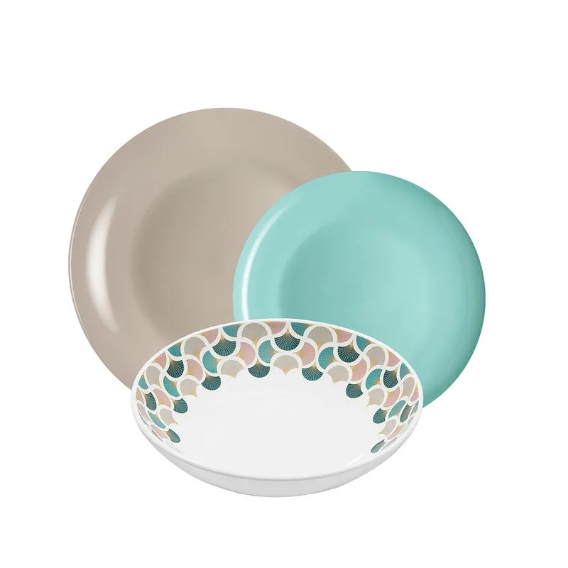 Kaleidos Linea Mitika - set tavola 18 Mitika, tortora/azzurro e decoro marabù
