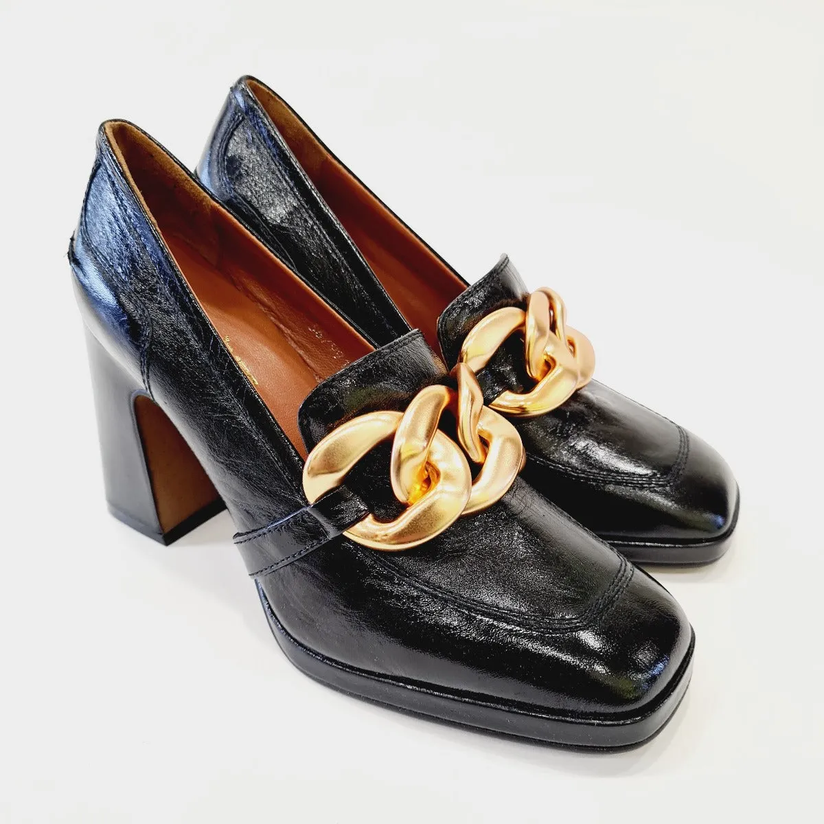 Les Poèmes mocassino fondo cuoio accessorio oro tacco alto alto 9 cm plateau 1 cm pelle Black rif.742