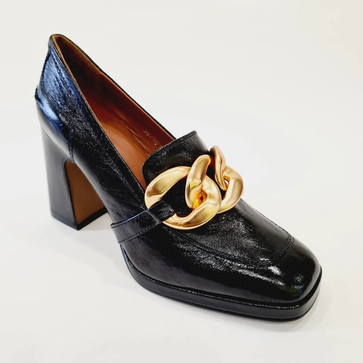 Les Poèmes mocassino fondo cuoio accessorio oro tacco alto alto 9 cm plateau 1 cm pelle Black rif.742