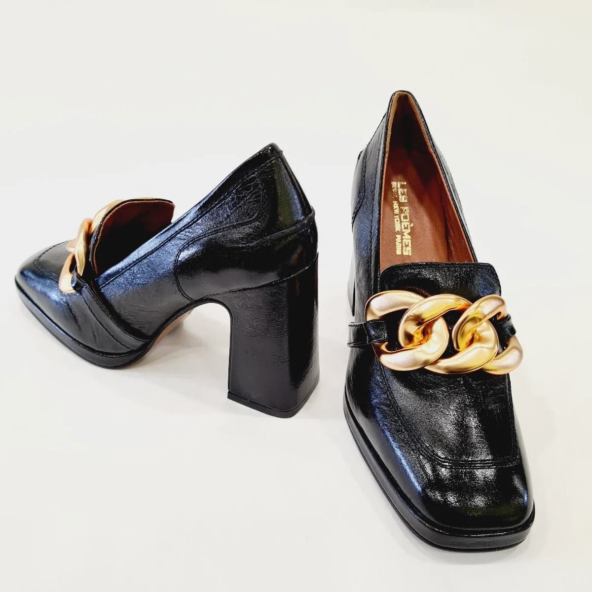 Les Poèmes mocassino fondo cuoio accessorio oro tacco alto alto 9 cm plateau 1 cm pelle Black rif.742