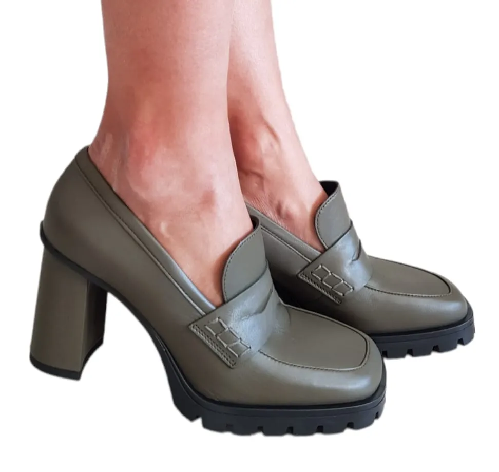 Lorenzo Mari mocassino fondo gomma tacco alto 9 cm Pelle Verde Militare rif.774