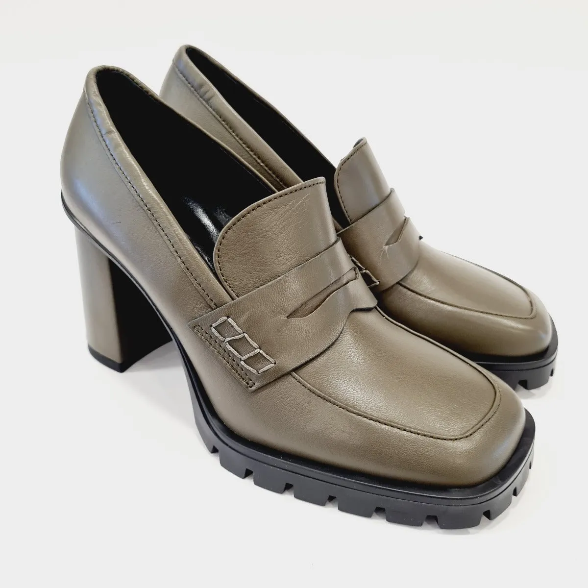 Lorenzo Mari mocassino fondo gomma tacco alto 9 cm Pelle Verde Militare rif.774