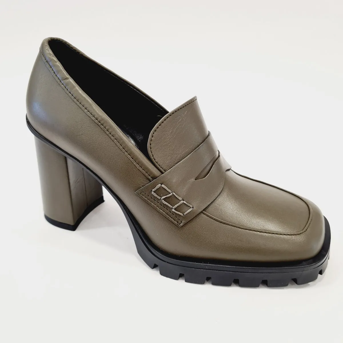 Lorenzo Mari mocassino fondo gomma tacco alto 9 cm Pelle Verde Militare rif.774