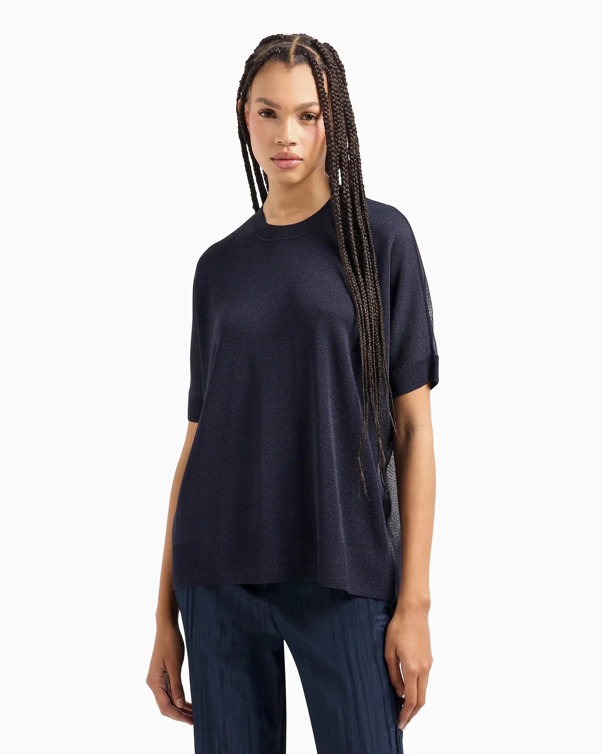 Maglia blu in viscosa semi trasparente con maniche corte