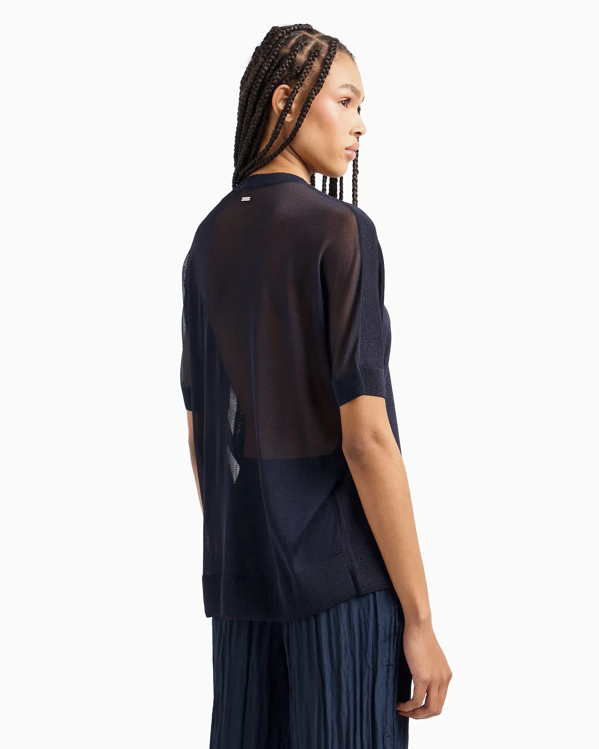 Maglia blu in viscosa semi trasparente con maniche corte