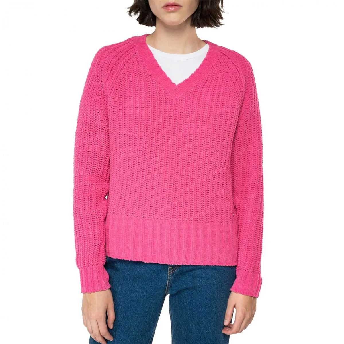 Maglione Crop Scollo A V, Rosa