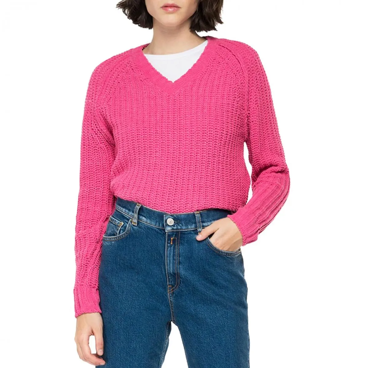 Maglione Crop Scollo A V, Rosa
