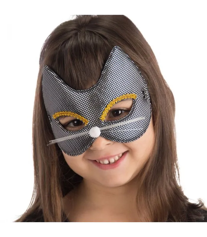 Maschera gattina nera bimba in tessuto metallizzato