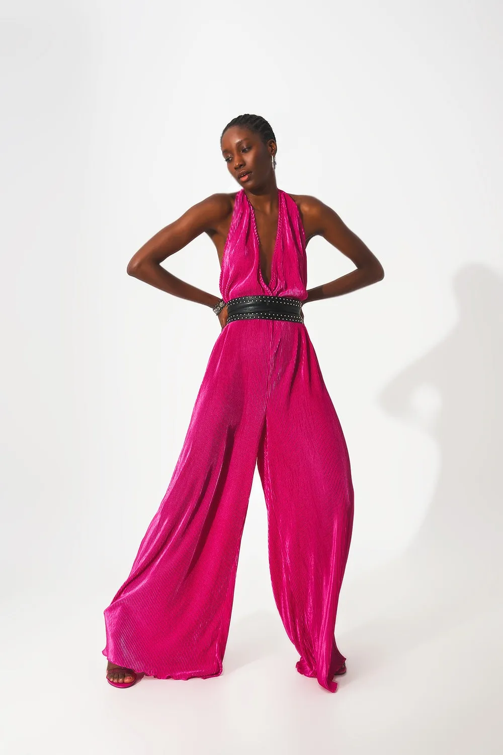 Maxi tuta plissé in raso fucsia