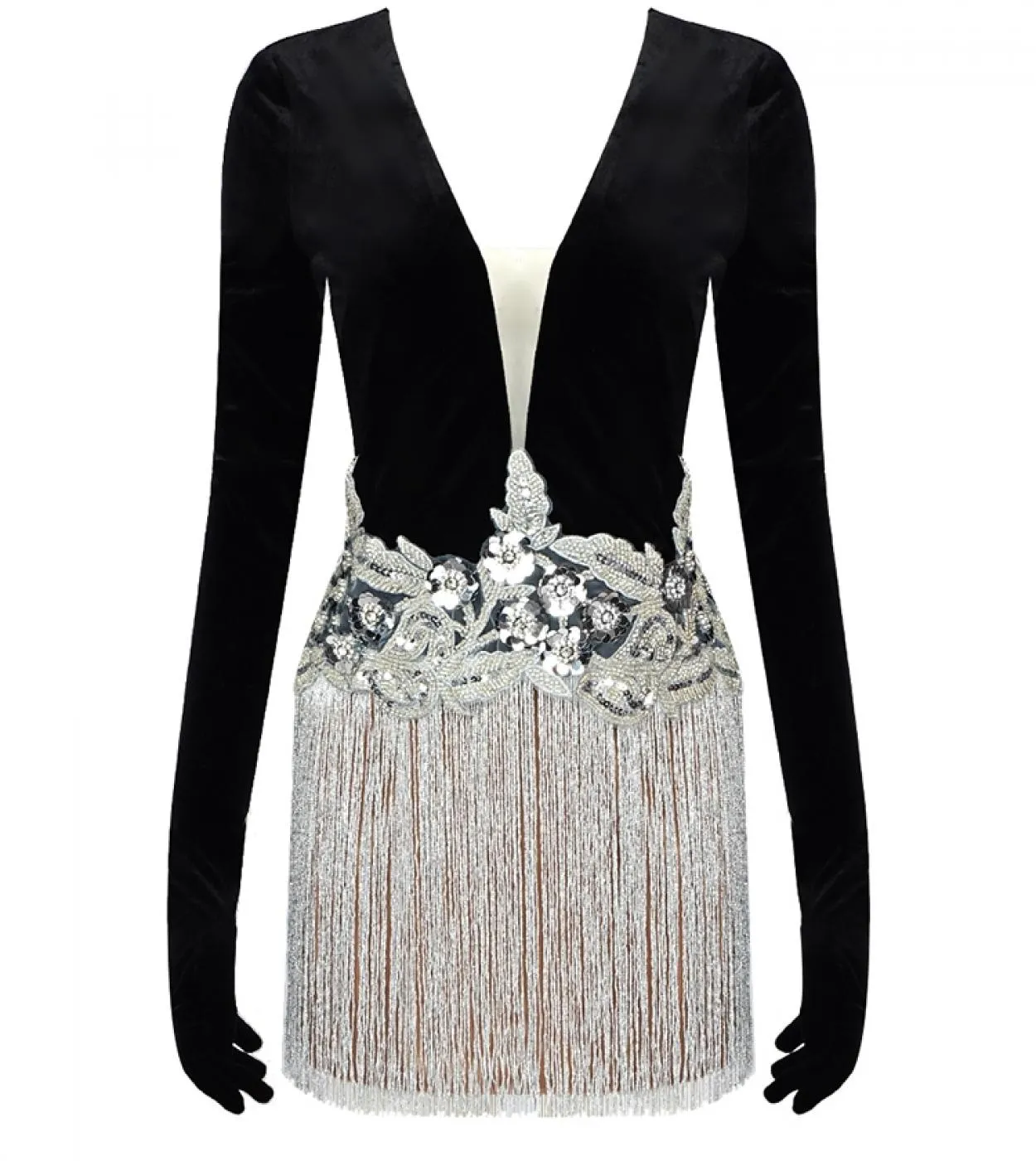 Mini abito aderente con nappa a maniche lunghe con scollo a V Elegante manica lunga nera con guanti Abito con perline Cocktail P