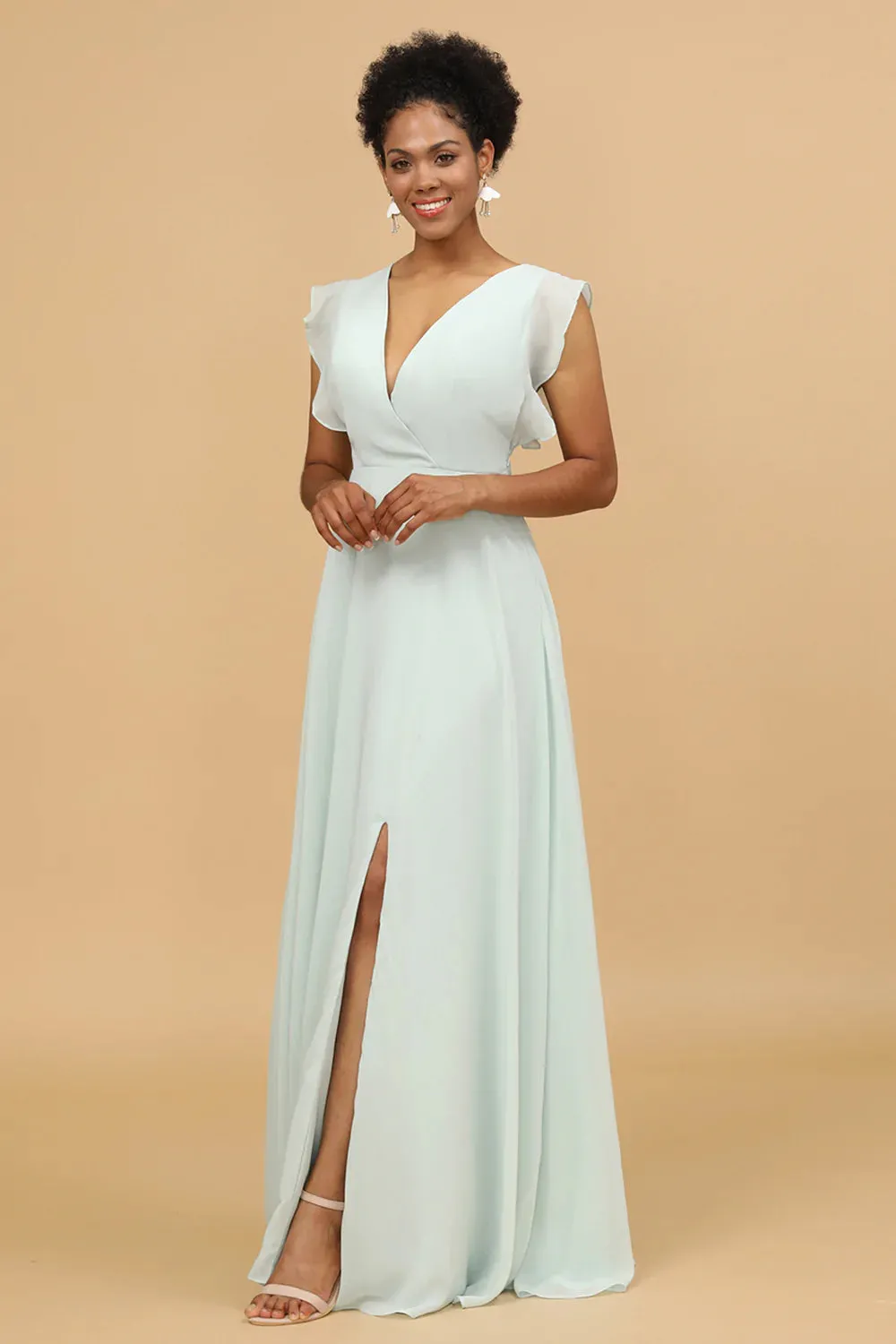 Mint Chiffon V-Neck Abito da damigella d'onore