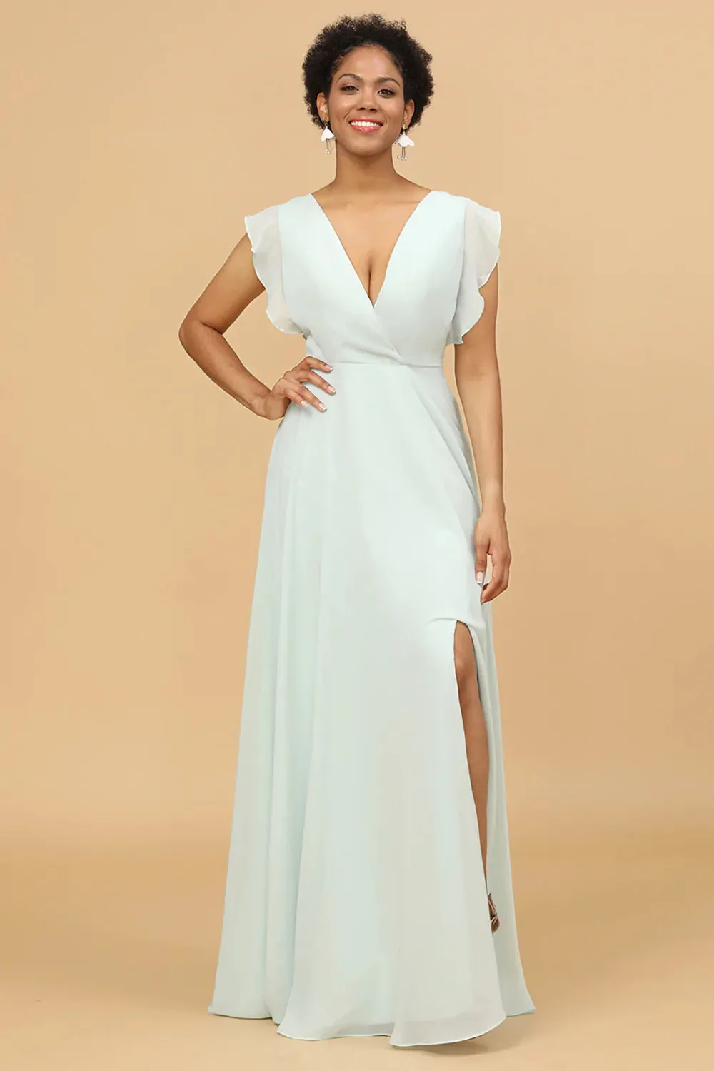 Mint Chiffon V-Neck Abito da damigella d'onore