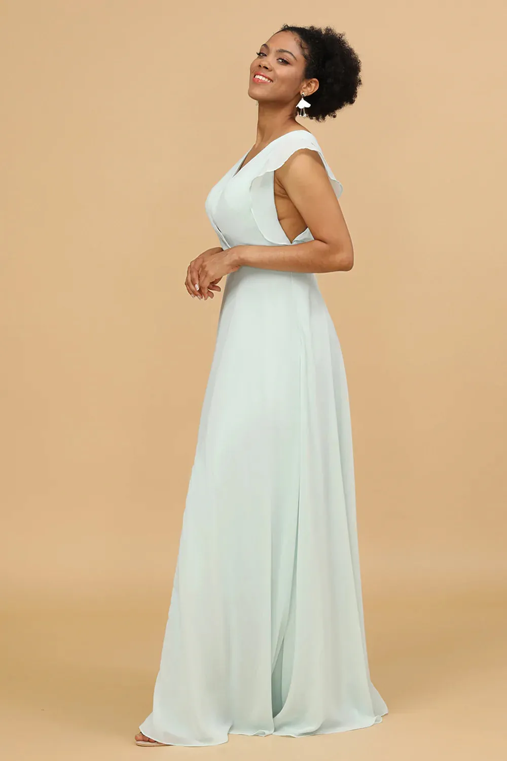 Mint Chiffon V-Neck Abito da damigella d'onore