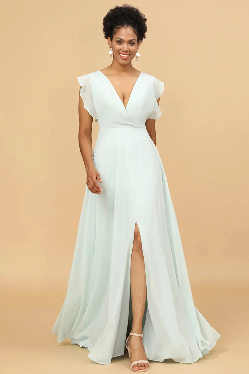 Mint Chiffon V-Neck Abito da damigella d'onore