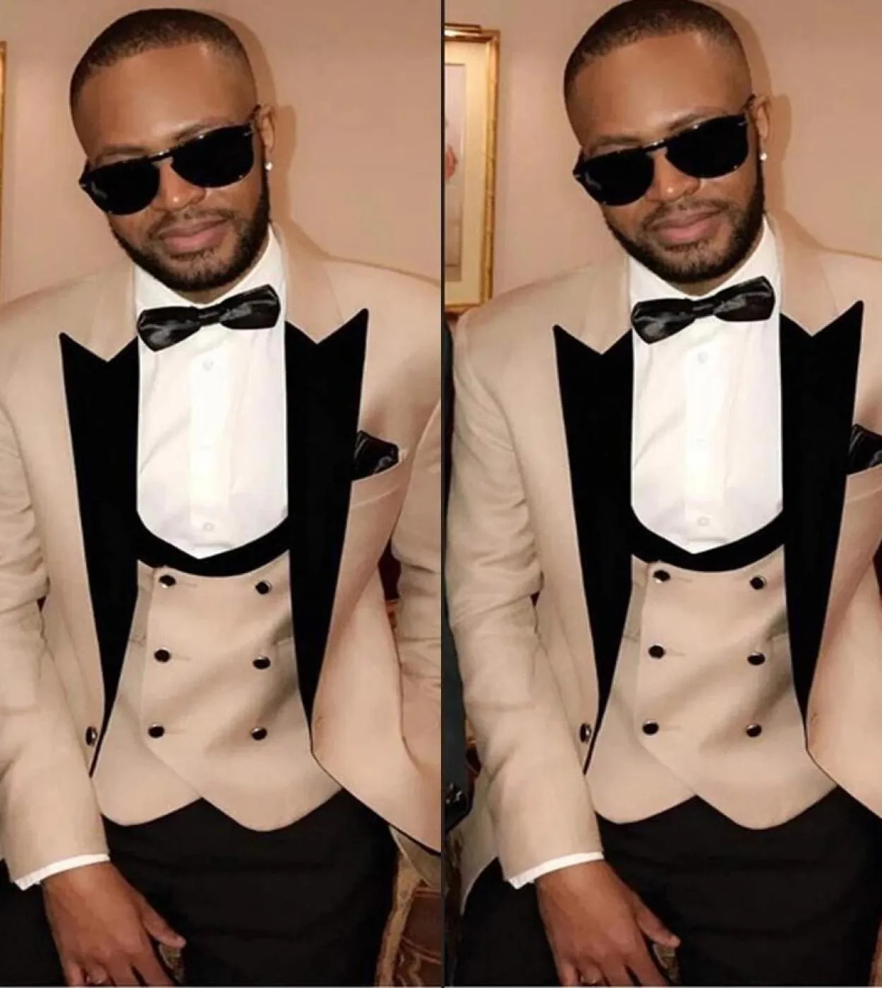 Nuovo arrivo Costume con risvolto nero Homme Khaki Abiti da uomo 3 pezzi Smoking da sposa Slim Fit Sposo Prom Blazer Hombre Tern