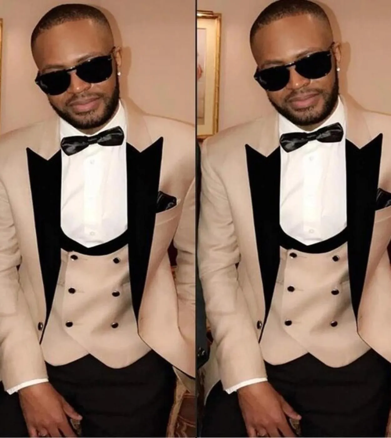 Nuovo arrivo Costume con risvolto nero Homme Khaki Abiti da uomo 3 pezzi Smoking da sposa Slim Fit Sposo Prom Blazer Hombre Tern