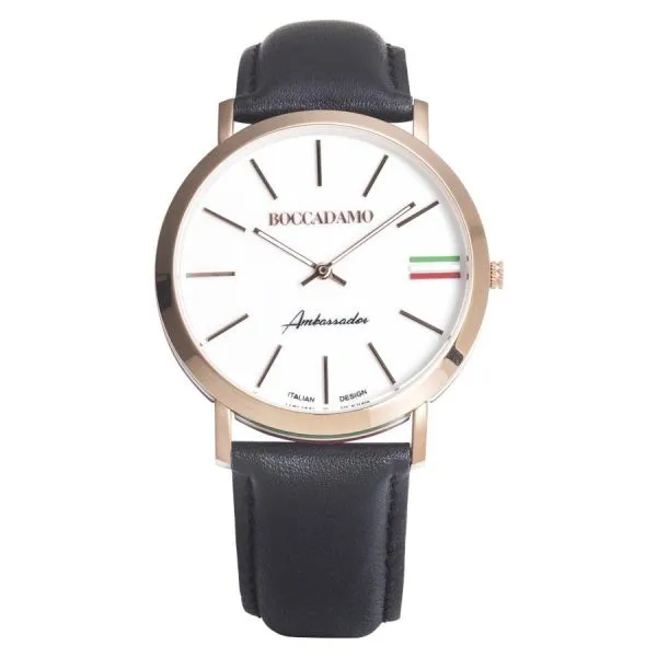 Orologio con cinturino in pelle, quadrante bianco, ghiera rosata e tricolore    