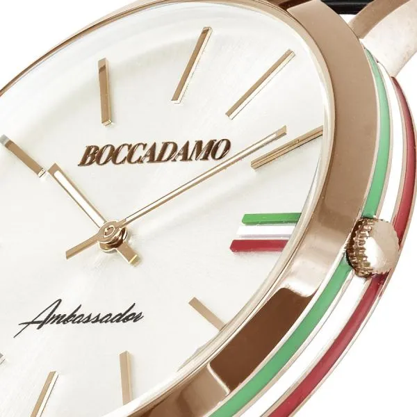 Orologio con cinturino in pelle, quadrante bianco, ghiera rosata e tricolore    