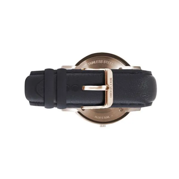 Orologio con cinturino in pelle, quadrante bianco, ghiera rosata e tricolore    
