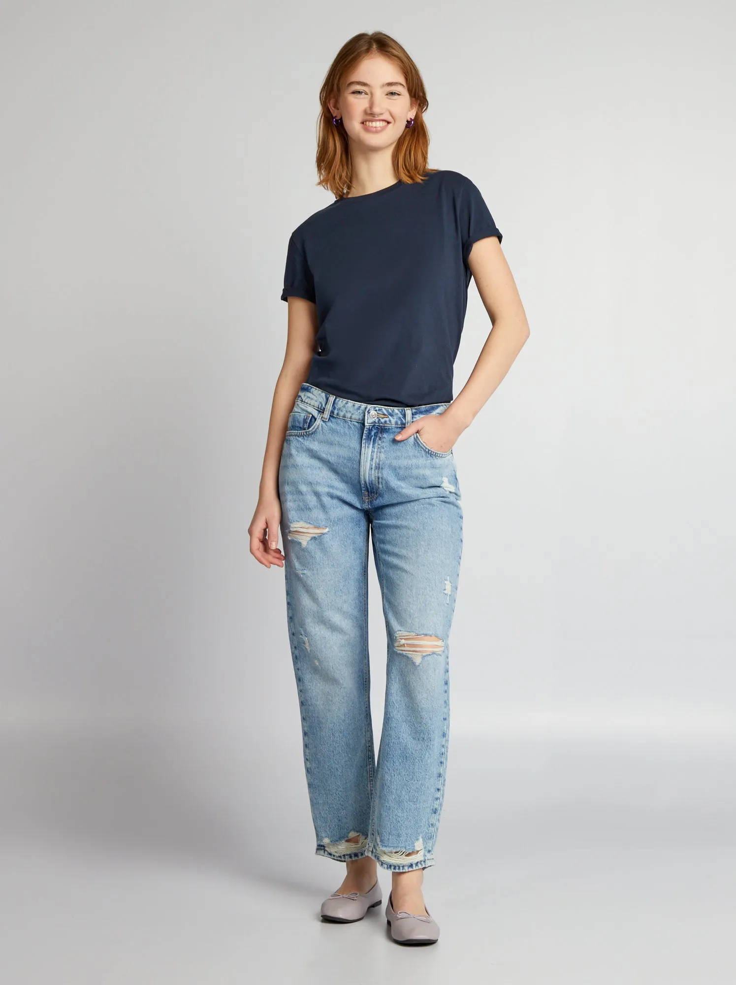 Pantaloni straight in denim con strappi - BLU