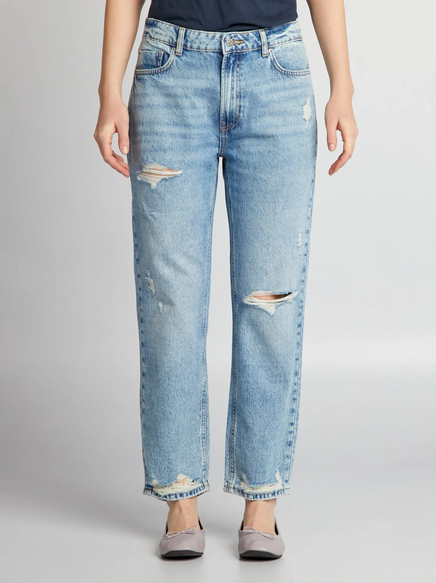 Pantaloni straight in denim con strappi - BLU