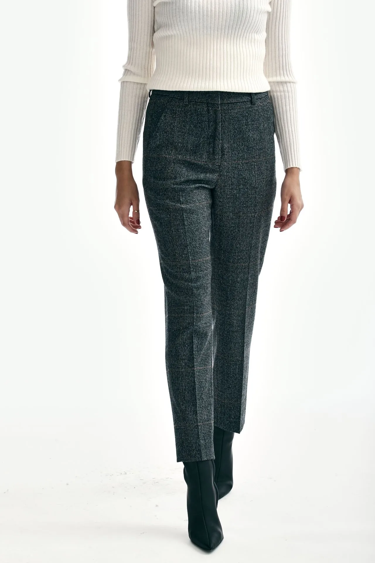 Pantaloni vita alta GALEN check grigio 