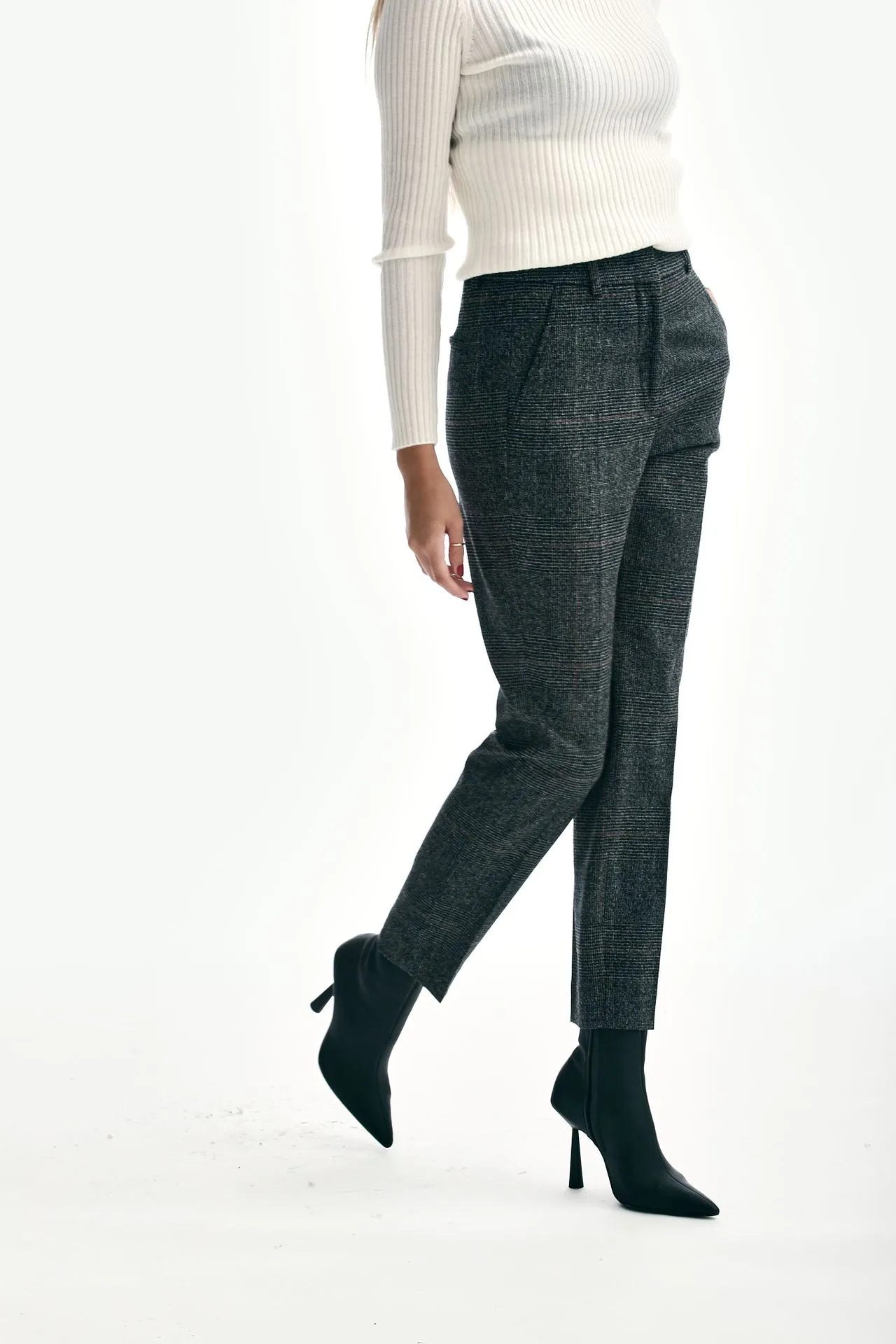 Pantaloni vita alta GALEN check grigio 