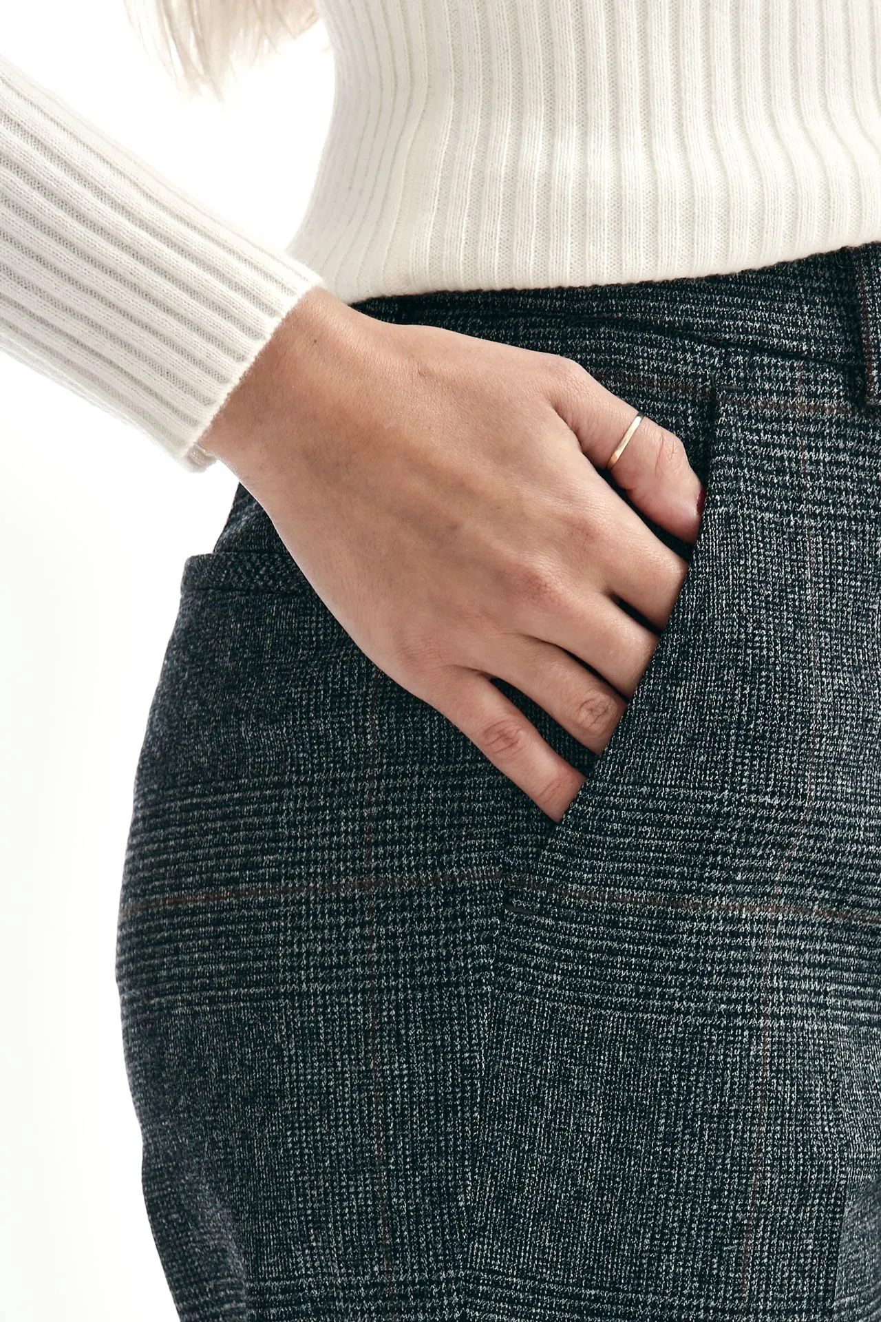 Pantaloni vita alta GALEN check grigio 