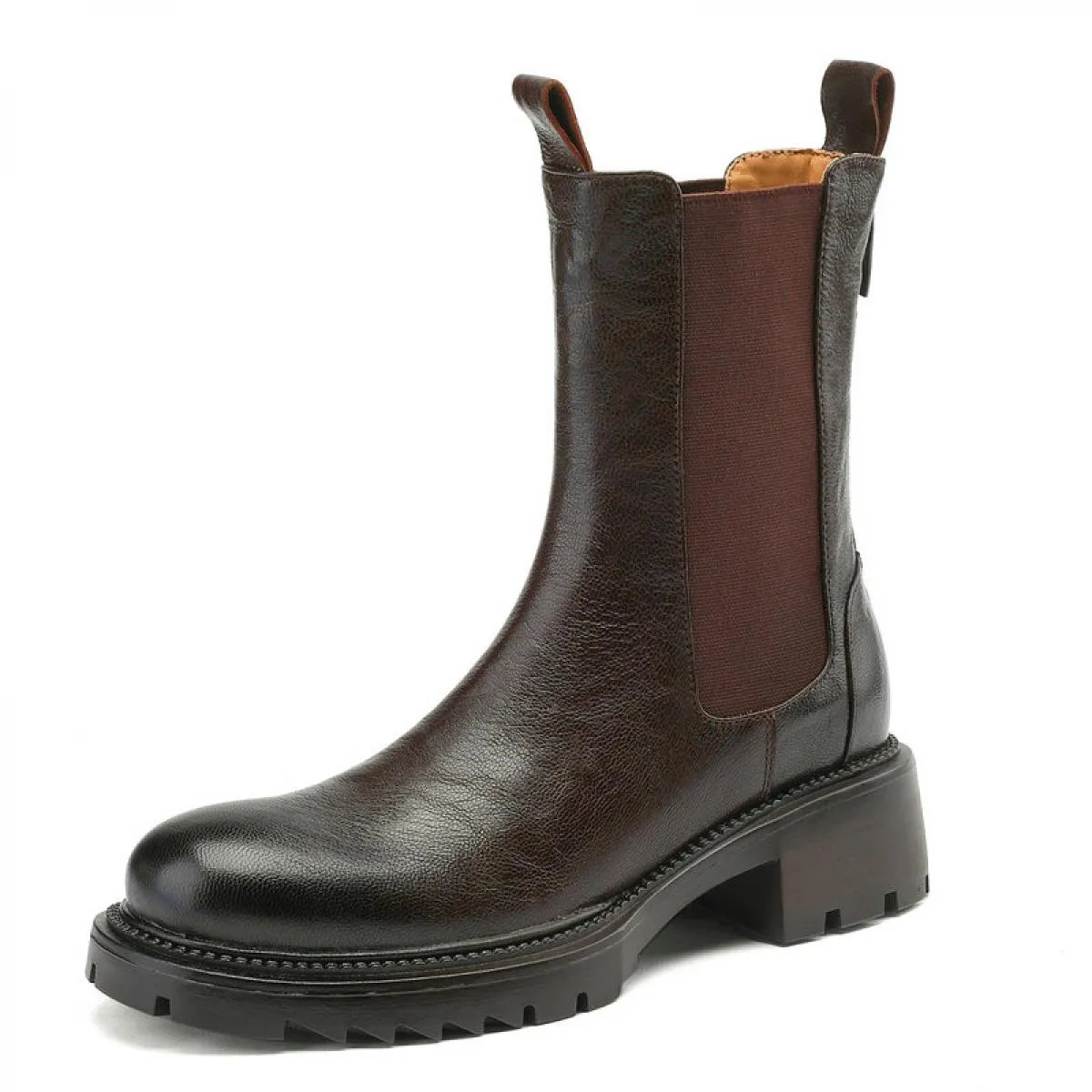 Platform Stivaletti da donna in vera pelle con tacco spesso e tacco medio Slip On Scarpe Chelsea Donna Autunno Inverno Taglia 34