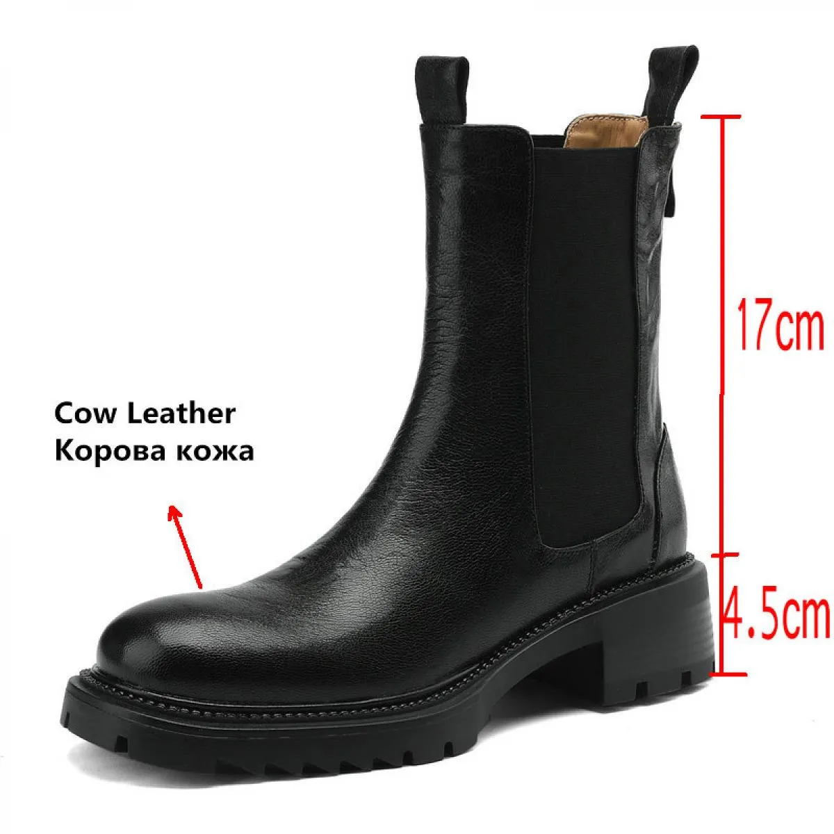 Platform Stivaletti da donna in vera pelle con tacco spesso e tacco medio Slip On Scarpe Chelsea Donna Autunno Inverno Taglia 34