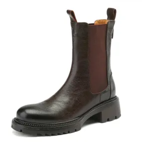 Platform Stivaletti da donna in vera pelle con tacco spesso e tacco medio Slip On Scarpe Chelsea Donna Autunno Inverno Taglia 34