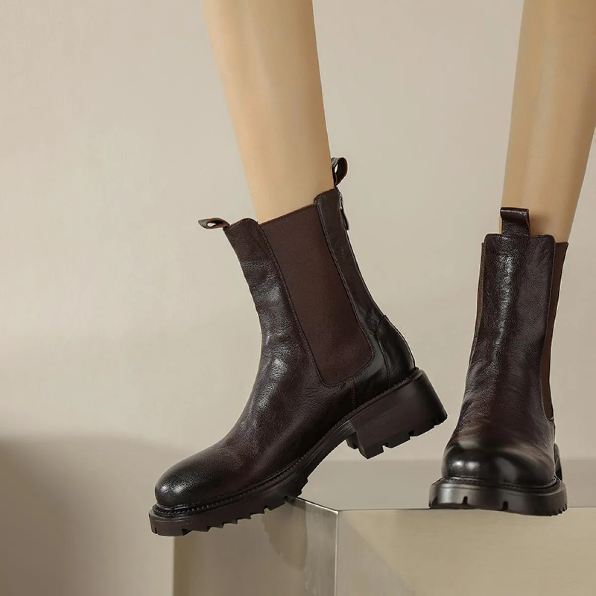 Platform Stivaletti da donna in vera pelle con tacco spesso e tacco medio Slip On Scarpe Chelsea Donna Autunno Inverno Taglia 34