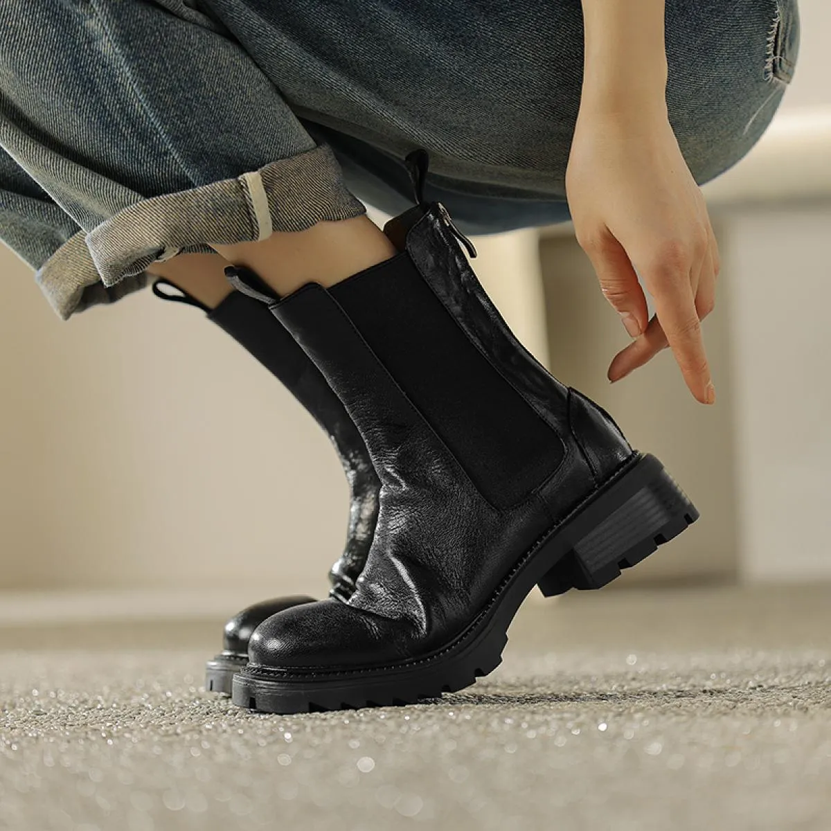 Platform Stivaletti da donna in vera pelle con tacco spesso e tacco medio Slip On Scarpe Chelsea Donna Autunno Inverno Taglia 34