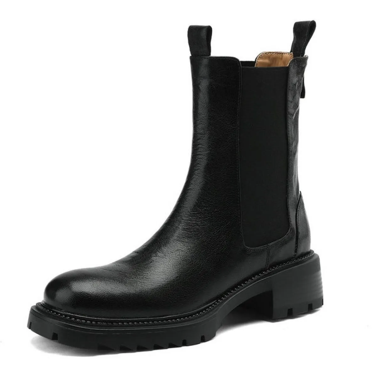 Platform Stivaletti da donna in vera pelle con tacco spesso e tacco medio Slip On Scarpe Chelsea Donna Autunno Inverno Taglia 34