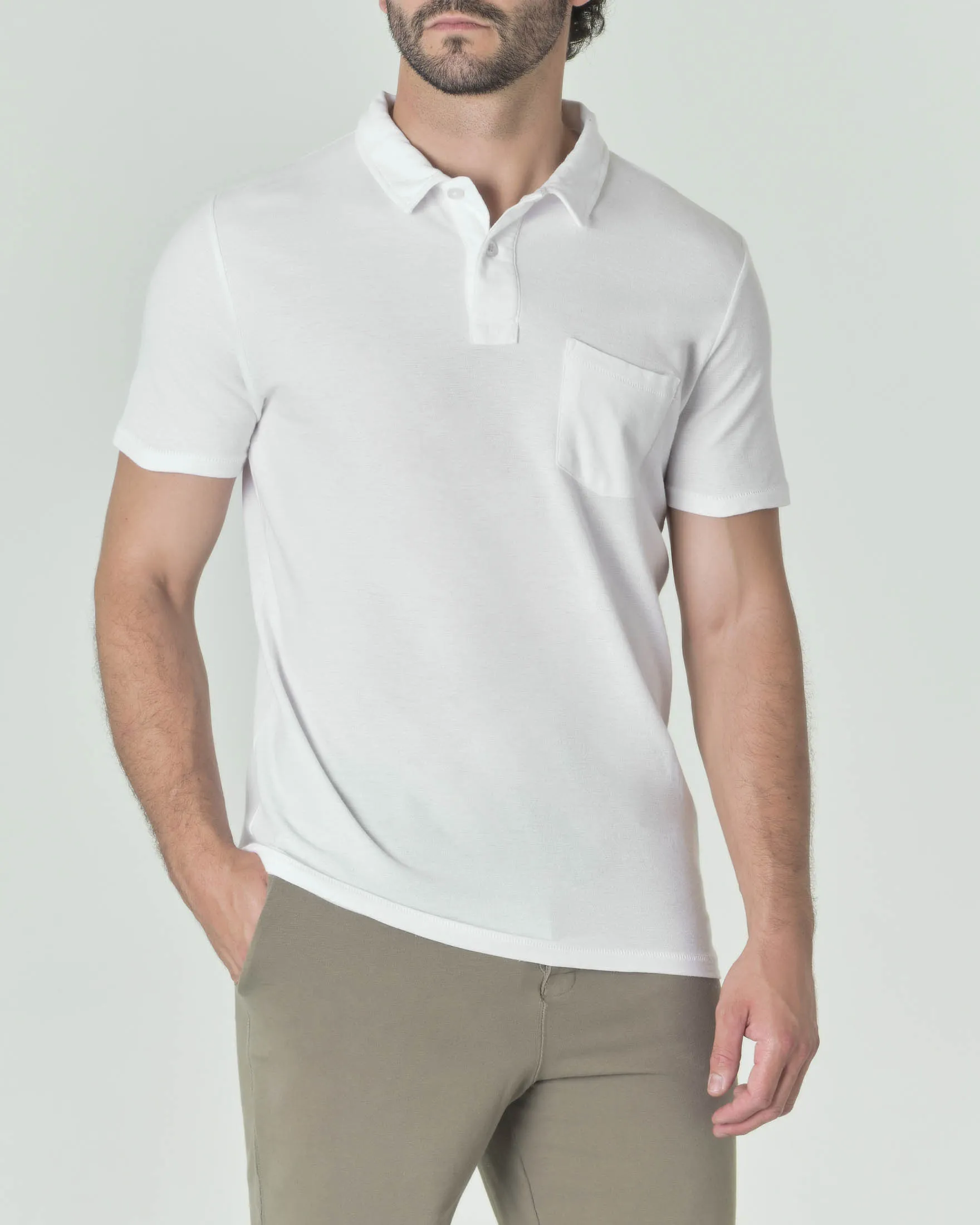 Polo bianca a mezza manica in misto lino e pima cotton con taschino sul petto
