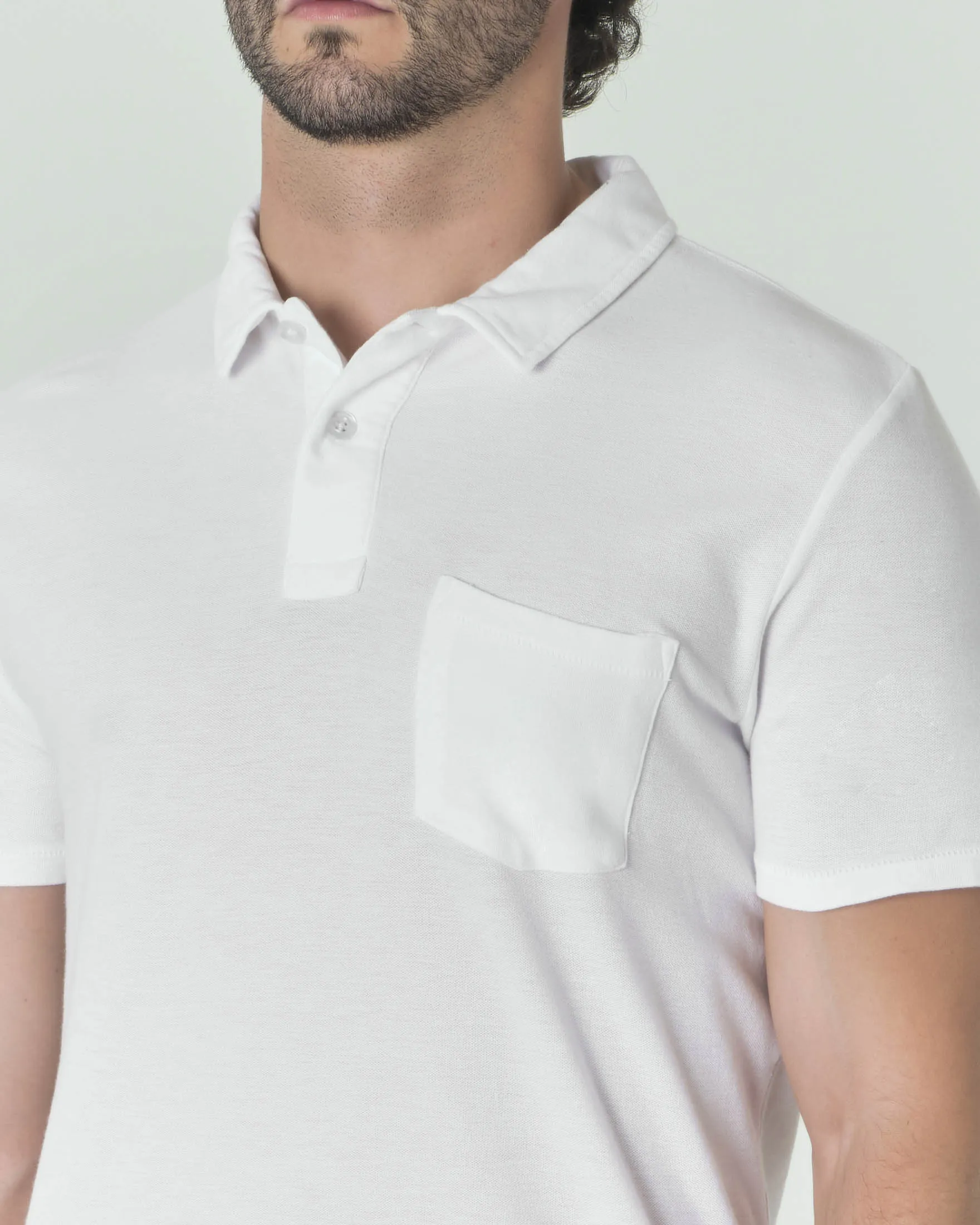 Polo bianca a mezza manica in misto lino e pima cotton con taschino sul petto