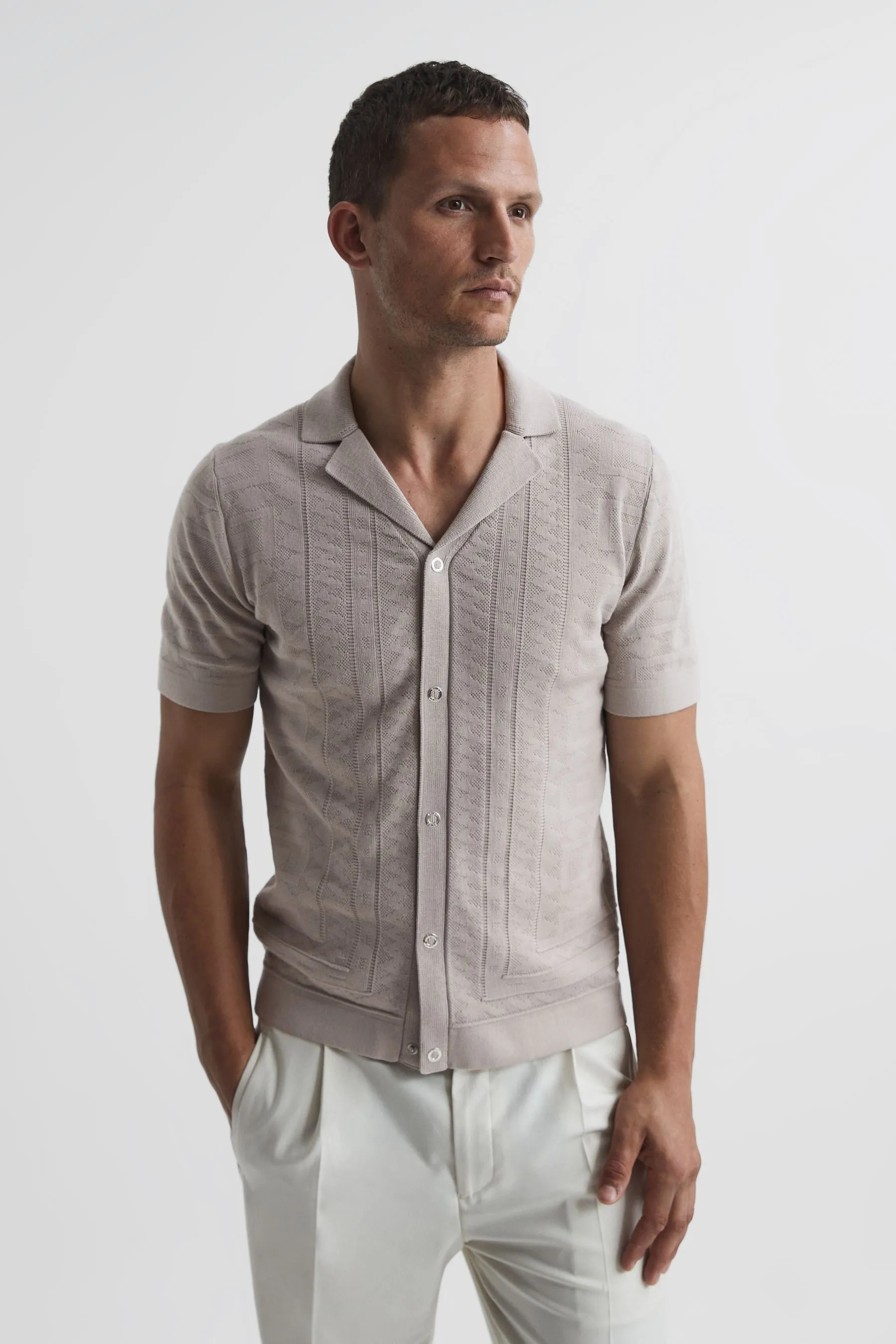 Reiss Jacob Cuban Collar Stitch Interest Shirt    