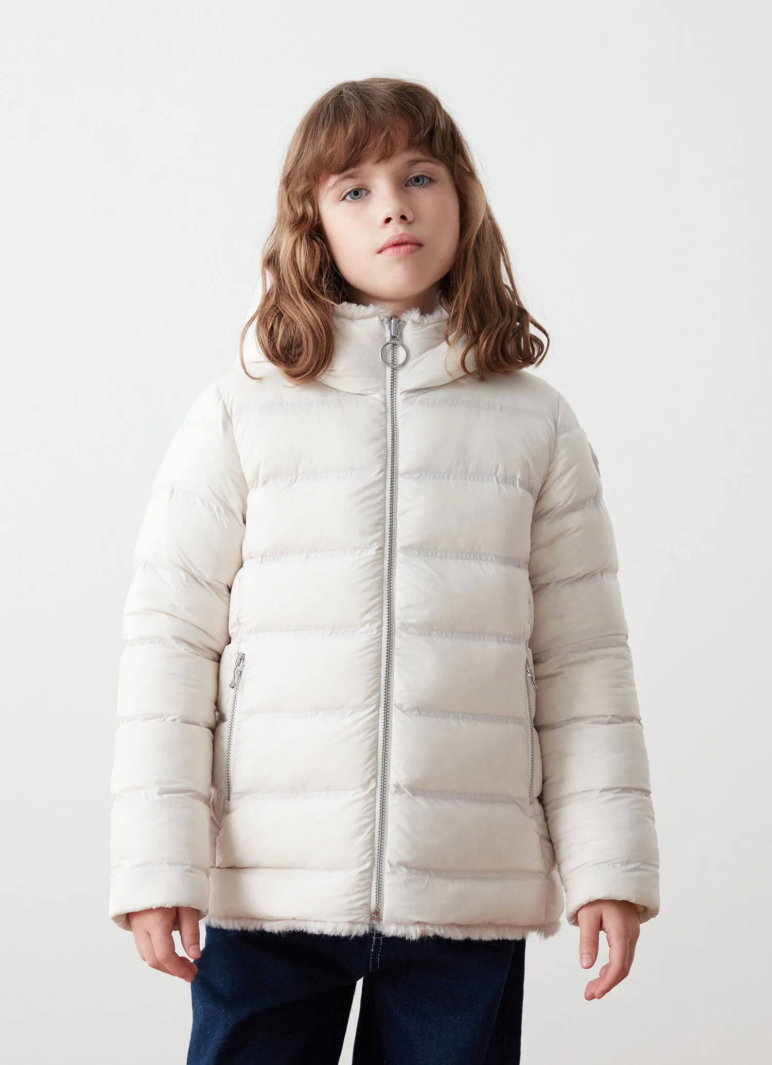 Reversible faux fur down jacket
