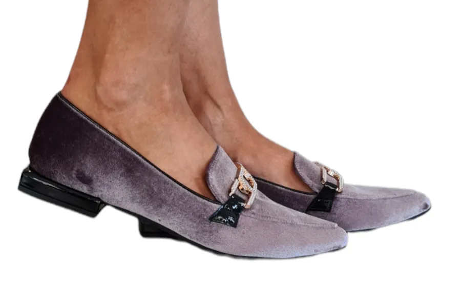 San Piero mocassino donna velluto grigio con accessorio oro rif.23