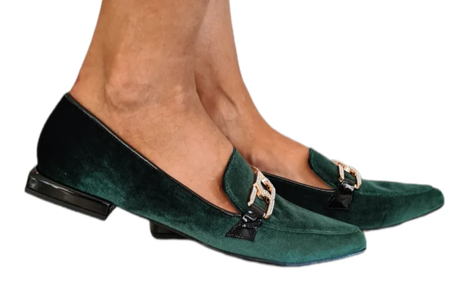 San Piero mocassino donna velluto verde con accessorio oro rif.22