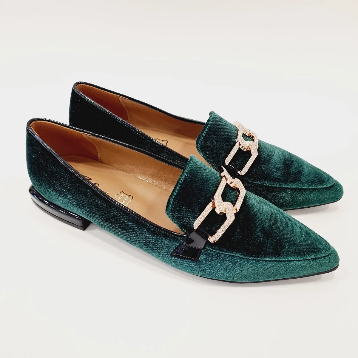 San Piero mocassino donna velluto verde con accessorio oro rif.22