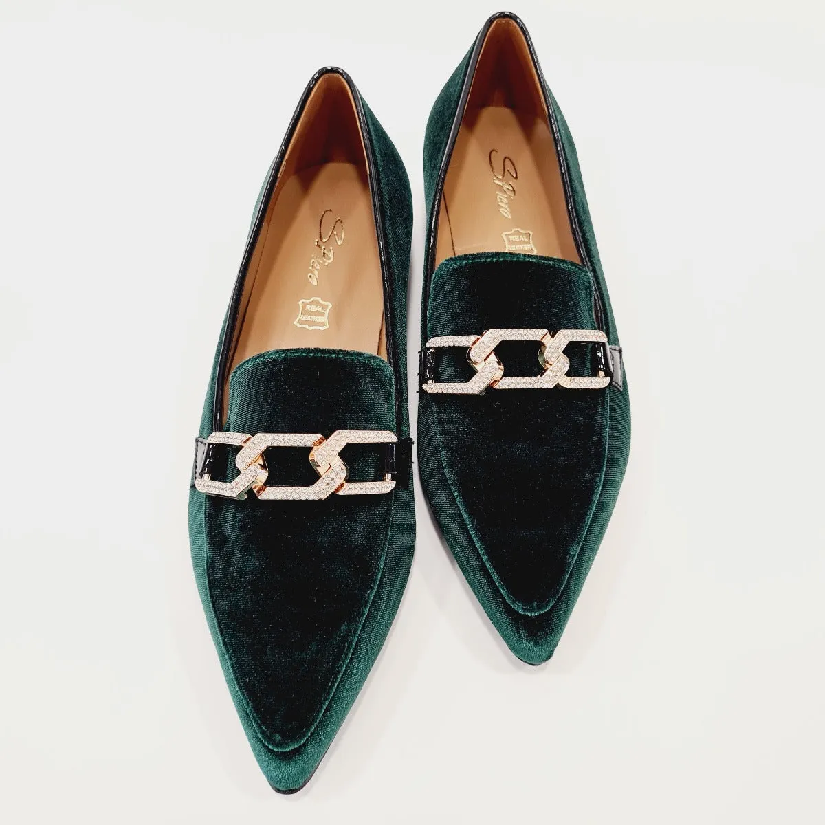 San Piero mocassino donna velluto verde con accessorio oro rif.22
