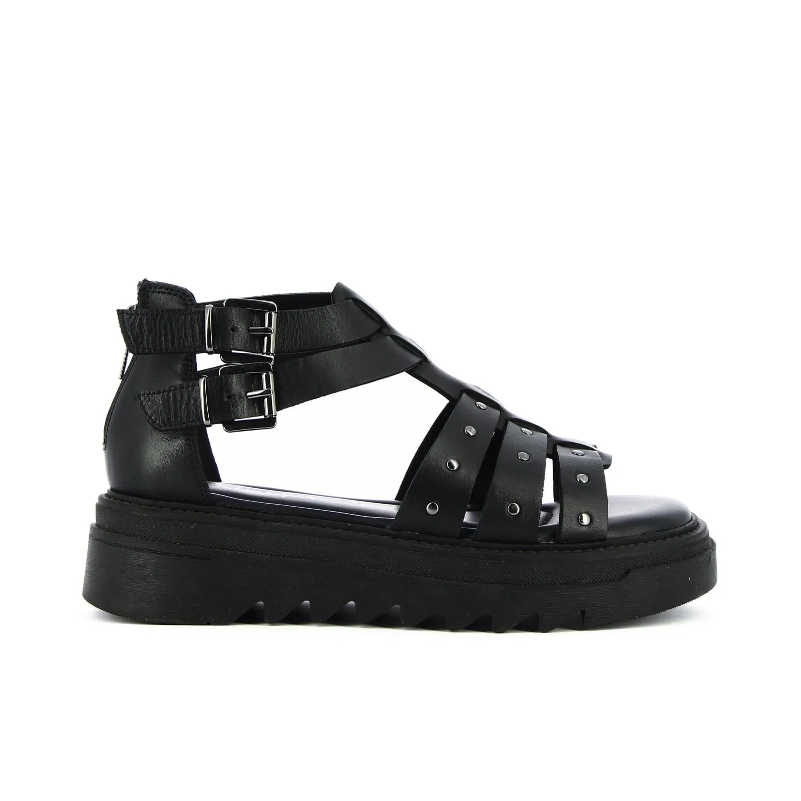 Sandali neri platform in pelle con fibbie e borchie