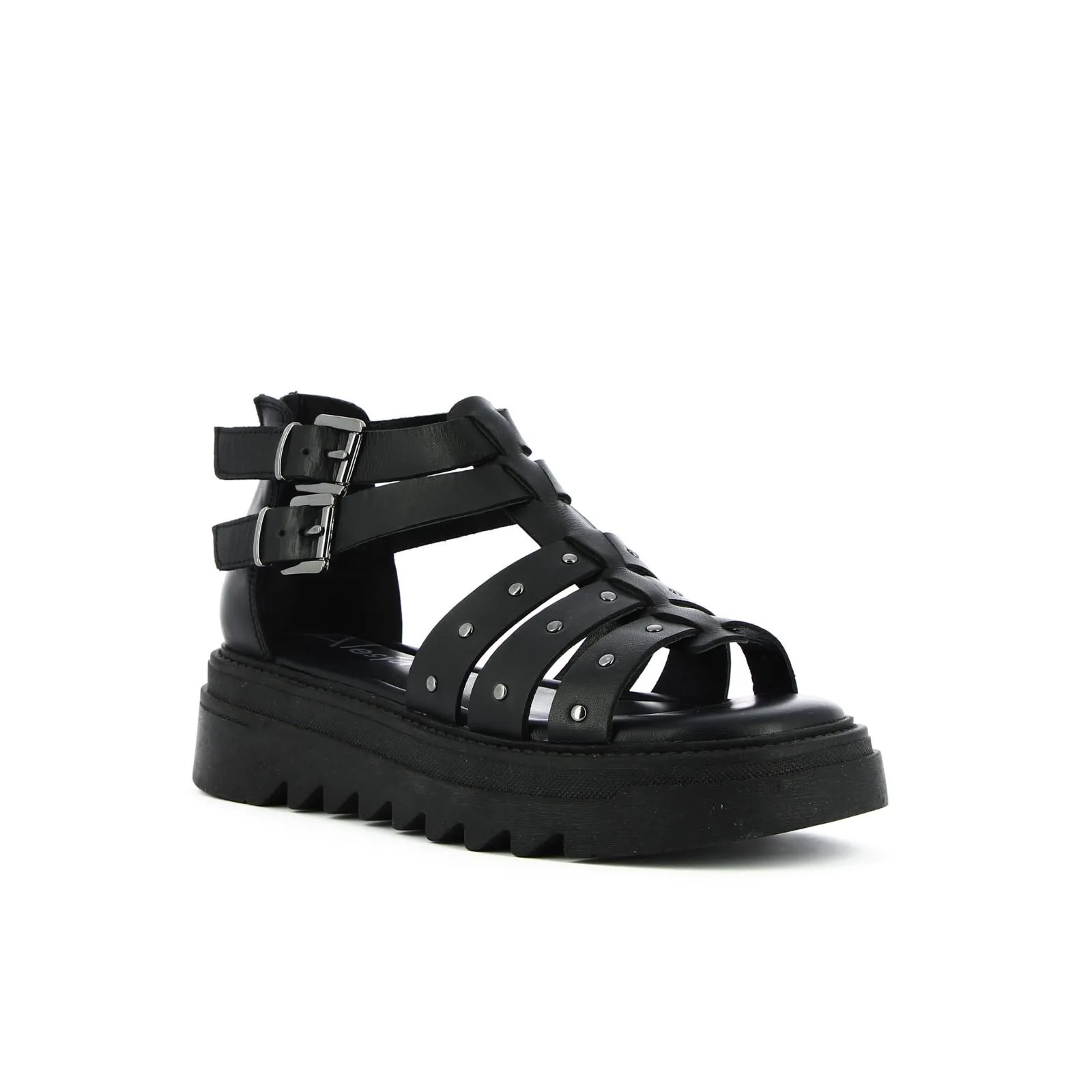 Sandali neri platform in pelle con fibbie e borchie