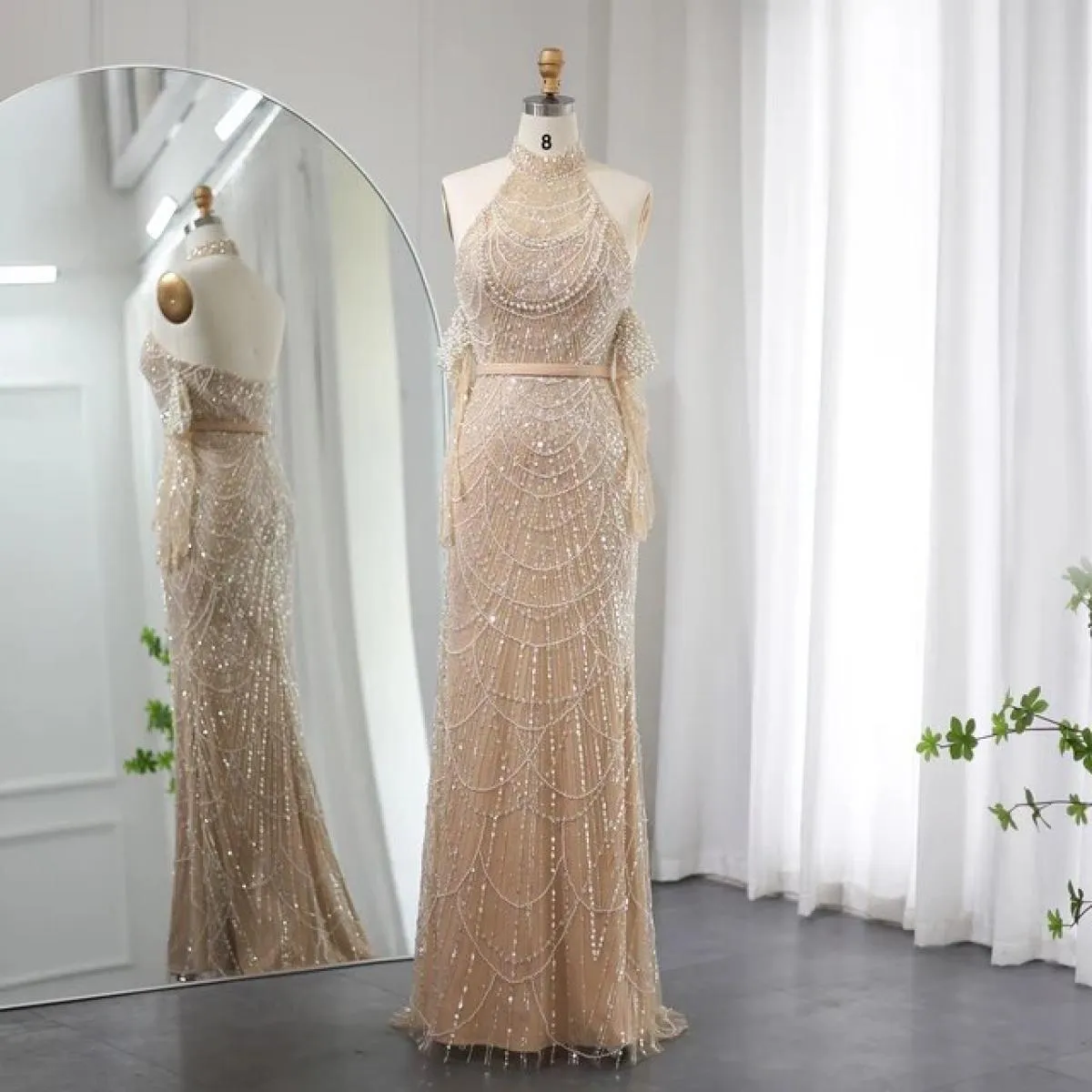Sharon Said Luxury Dubai Sirena nuda Abiti da sera con guanti 2023 Halter Arabo Donna Abiti da cerimonia formale per feste S