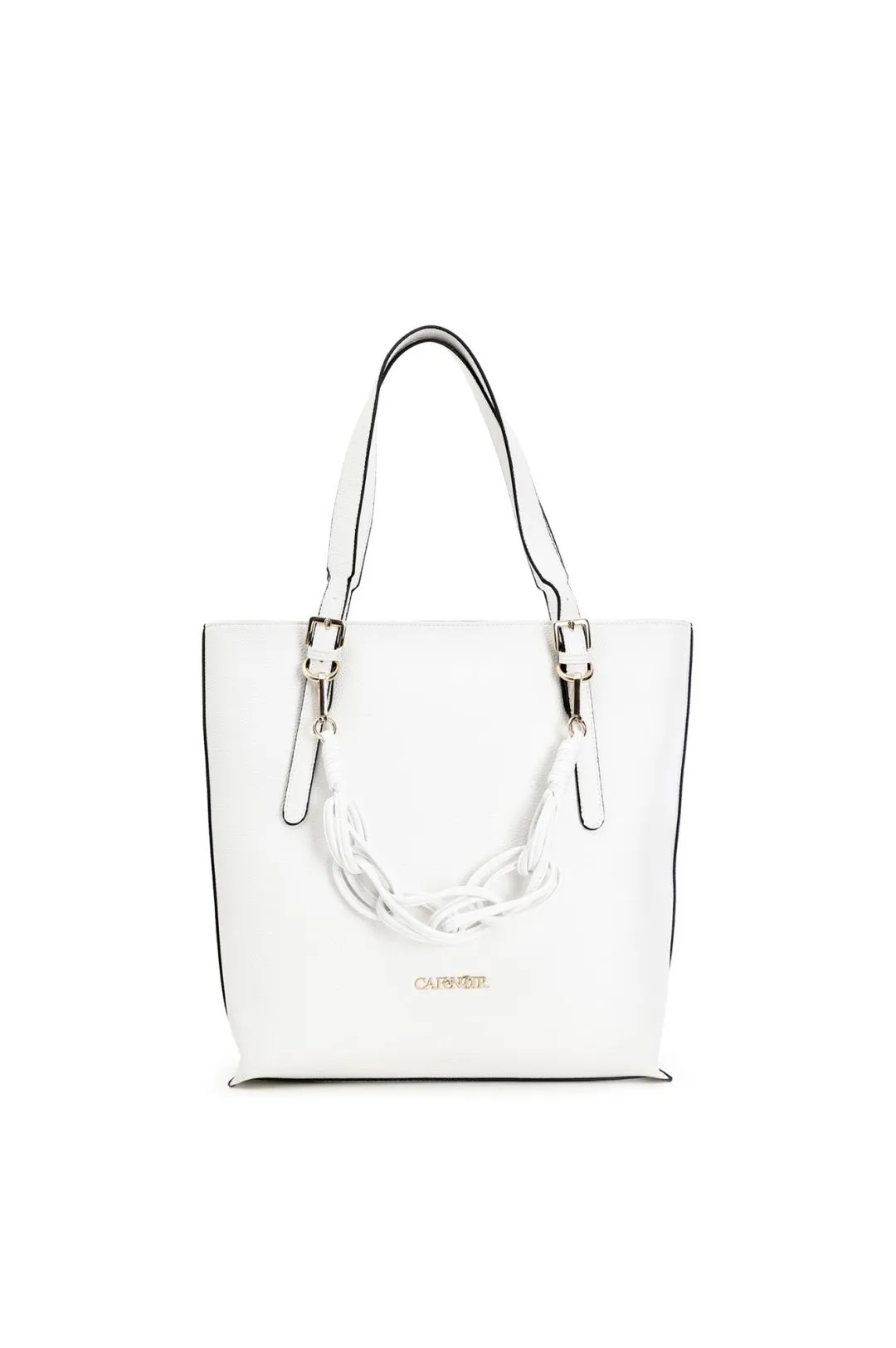 shopping semirigida con fibbie metalliche e catena morbida panna