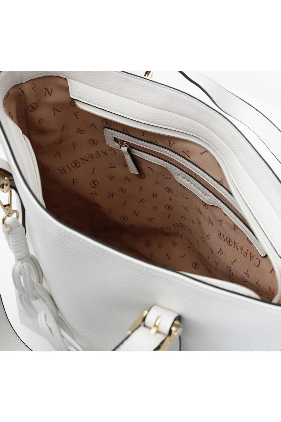 shopping semirigida con fibbie metalliche e catena morbida panna