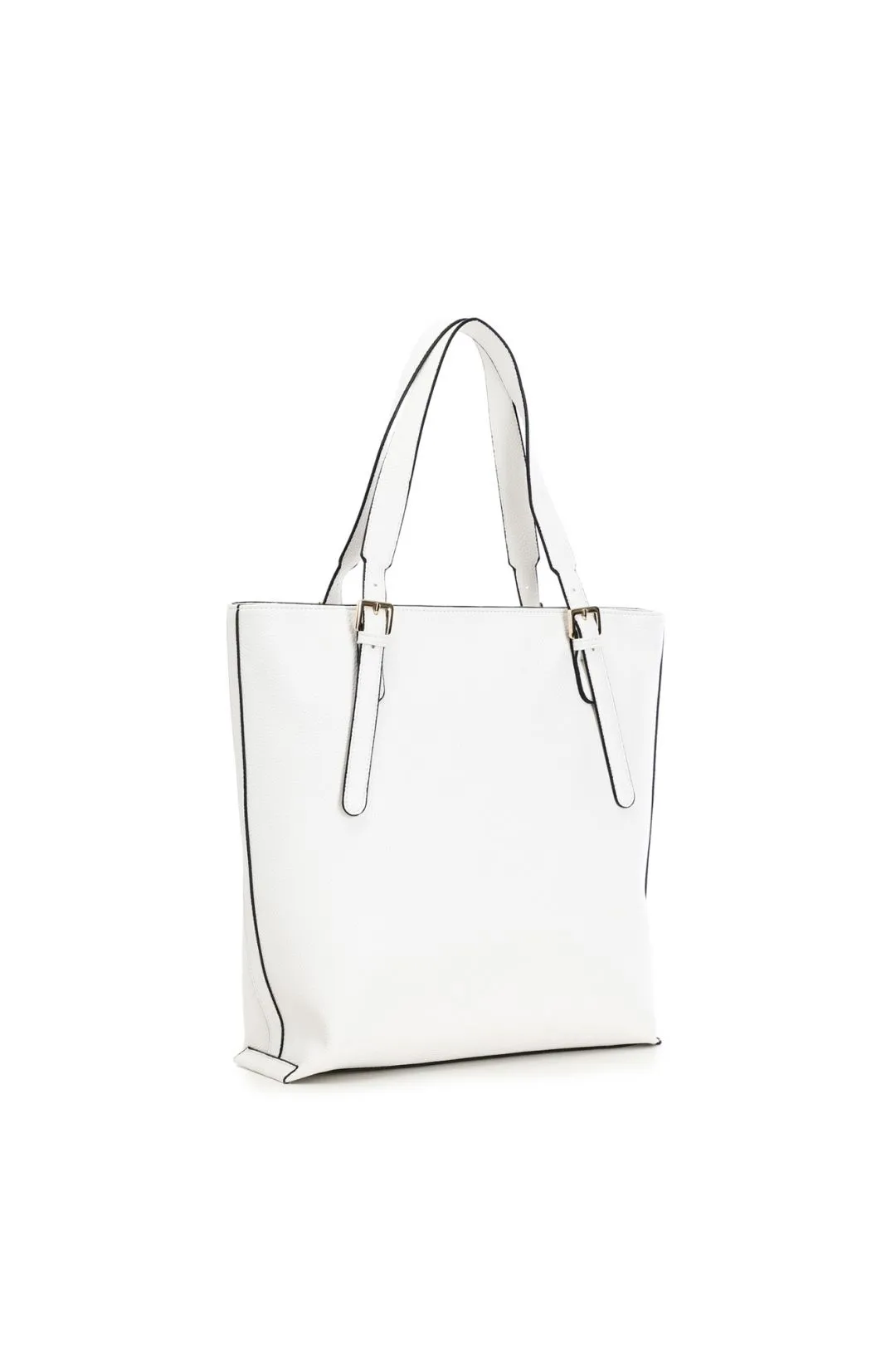 shopping semirigida con fibbie metalliche e catena morbida panna