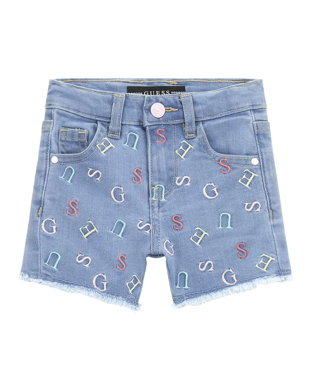 Short in denim di cotone stretch a lavaggio chiaro stone washed con lettere logo colorate ricamate 3-7 anni
